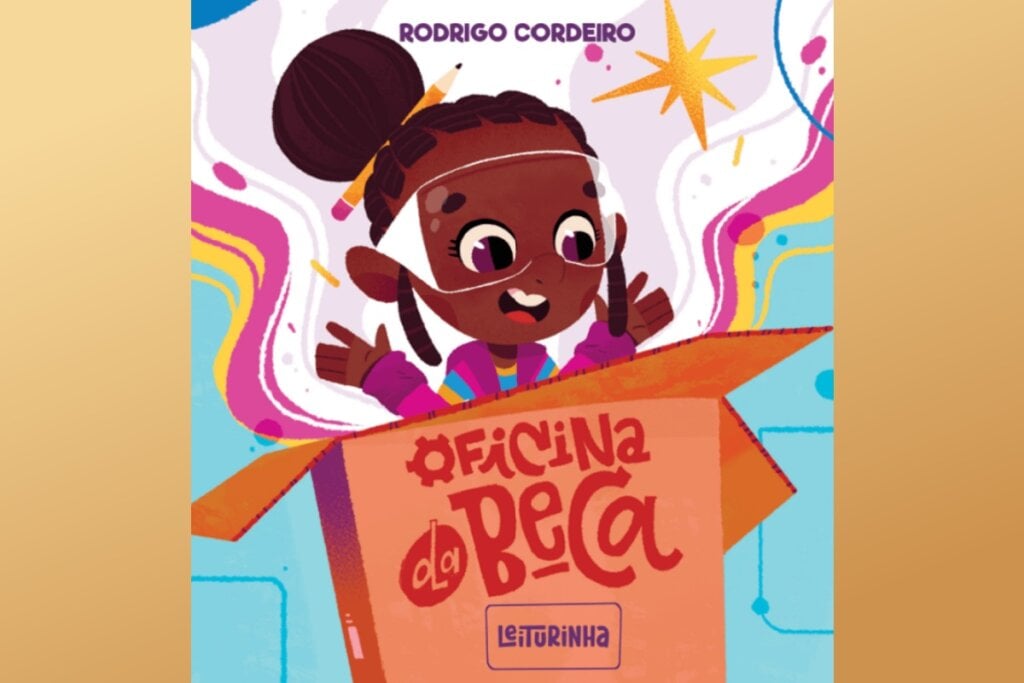 Em “Oficina da Beca”, vemos uma personagem que transforma os mais variados materiais do dia a dia em peças incríveis (Imagem: Reprodução digital | Editora Leiturinha)