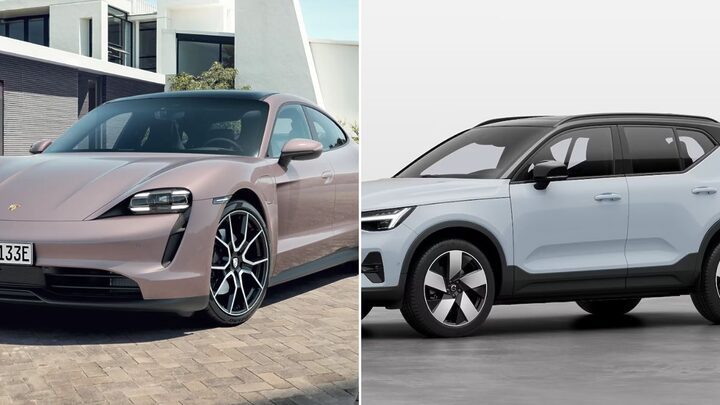 Modelos da Porsche (à esq.) e Volvo (à dir.) são os carros elétricos mais procurados no OLX em SC (Fotos: Porsche, Divulgação; Volvo, Divulgação)