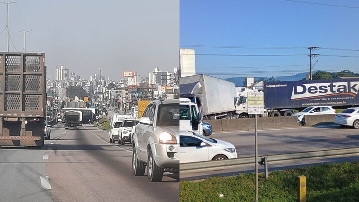 Engavetamento entre caminhões deixa BR-101, na Grande Florianópolis, interditada