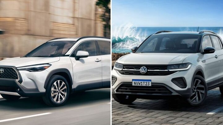 Toyota Corolla Cross e VW T-Cross estão na lista dos SUVs mais econômicos segundo lista do Inmetro (Fotos: Divulgação)