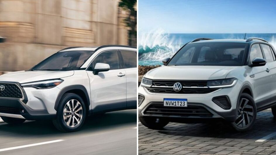 Toyota Corolla Cross e VW T-Cross estão na lista dos SUVs mais econômicos segundo lista do Inmetro (Fotos: Divulgação)