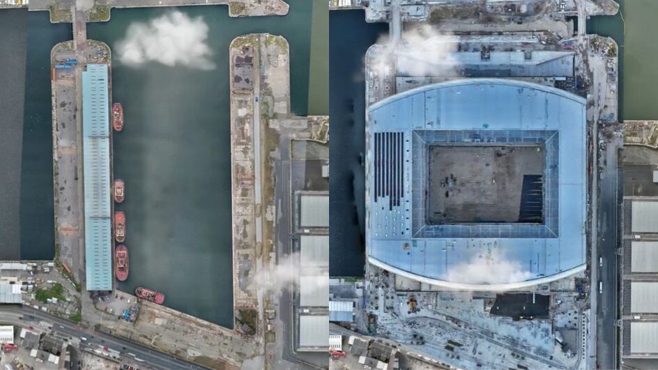 Transformação de doca de porto em estádio (Foto: @EvertonStadium, X, Reprodução)