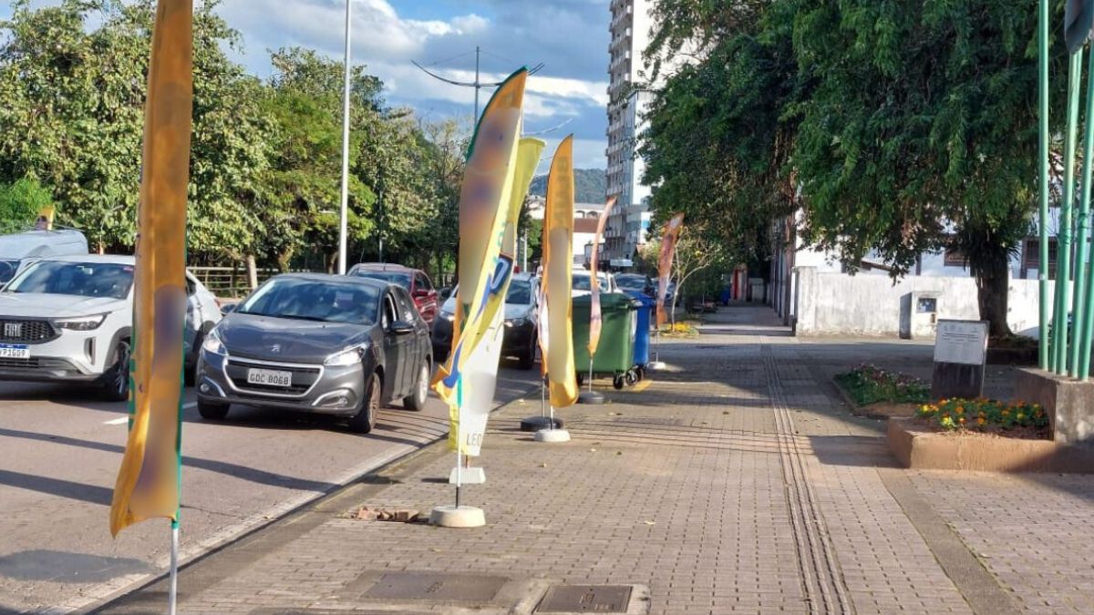 Bandeiras móveis de candidatos são usadas por campanhas em ruas de SC (Foto: Jean Laurindo, NSC Total)