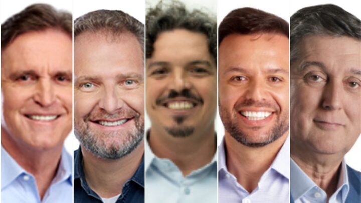 Dário, Lela, Marquito, Pedrão e Topázio disputam a prefeitura de Florianópolis (Fotos: TSE, Divulgação)