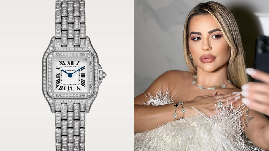 Deolane usava relógio Cartier com pedras cravejadas quando foi presa (Foto Cartier e Redes Sociais, Divulgação)