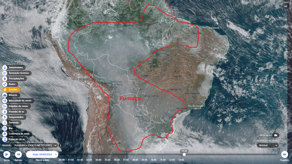 Imagem de satélite indicando a presença de fumaça em parte da América do Sul (Foto Ventusky, Divulgação).