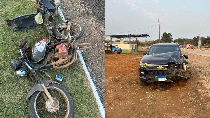 Motocicleta e carro envolvidos no acidente (Foto CBMSC, Divulgação)