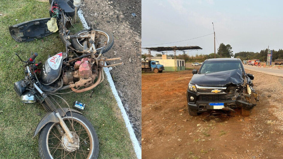 Motocicleta e carro envolvidos no acidente (Foto CBMSC, Divulgação)