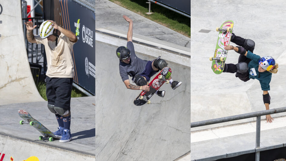 Pedro Barros, Kalani Konig e Yndiara Asp vão disputar as semifinais do Mundial de skate park em Roma (fotos: Divulgação, CBSk, Julio Detefon)