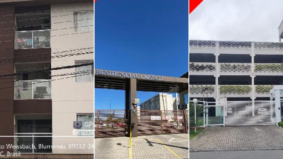 Imagens de apartamentos à venda em leilão da Caixa em Blumenau, à esquerda, e em Curitiba