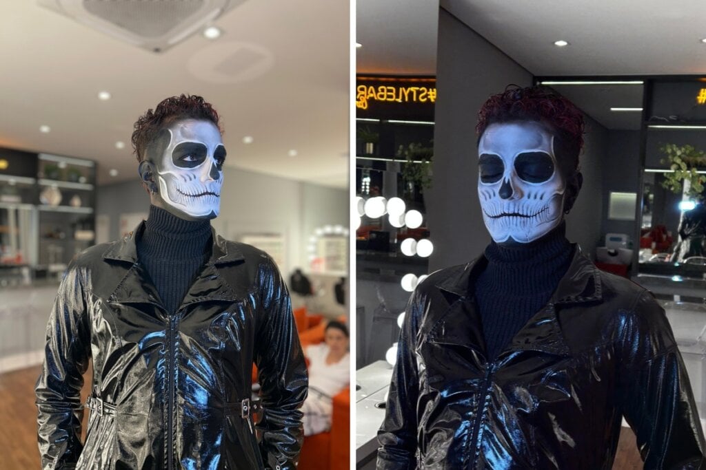 A maquiagem de esqueleto é uma das opções mais versáteis e populares para o Halloween (Imagem: Weslley Silva | Stylebar Campinas)
