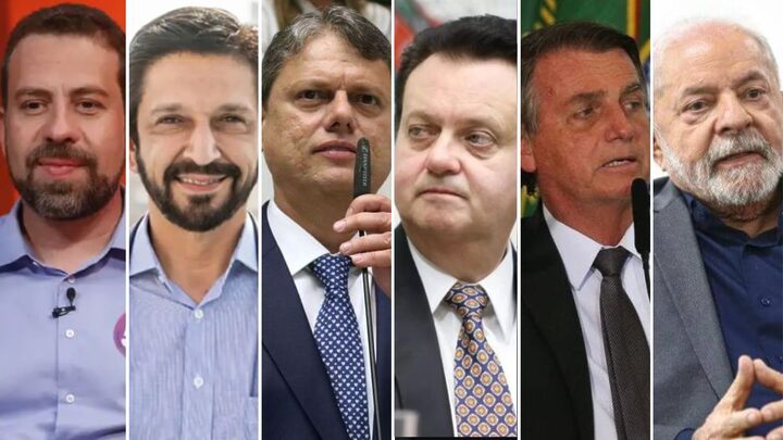 Em ordem: Guilherme Boulos, Ricardo Nunes, Tarcísio de Freitas, Gilberto Kassab, Jair Bolsonaro e Lula