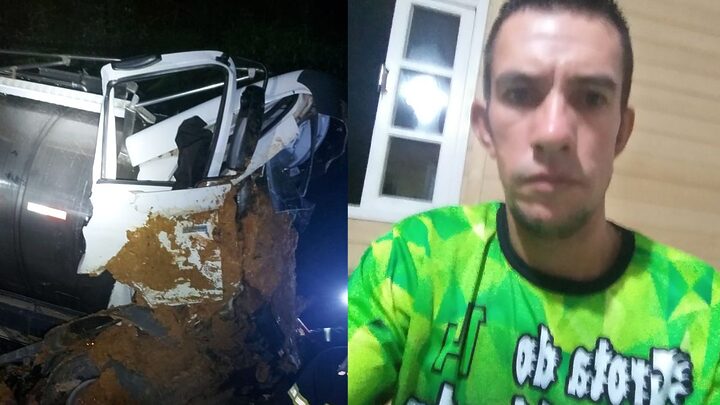 À esquerda, a cabine do caminhão esmagada e coberta de barro. À direita, Moacir usa uma camiseta verde florescente
