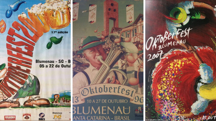 Na imagem há três cartazes de divulgação da Oktoberfest nos anos 2000, 1996 e 2007