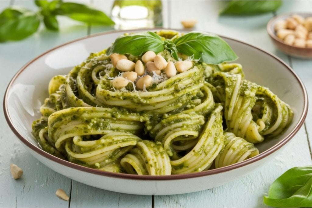 O macarr&atilde;o tipo espaguete combina com molhos mais leves, como o pesto (Imagem: SYED IBAD RM | Shutterstock)