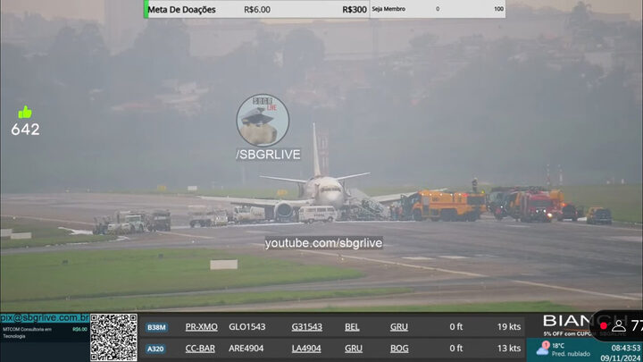 Avião cargueiro pega fogo no aeroporto de Guarulhos