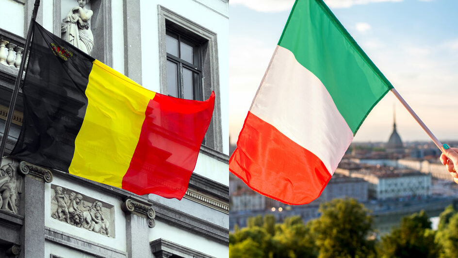 Bandeiras da Bélgica e Itália que se enfrentam pela Liga das Nações