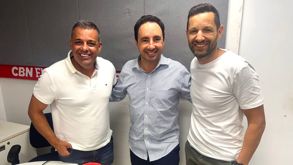 Luciano Calheiros, Pedro Bassan e Tetê Trevisol durante gravação do ATL Sports