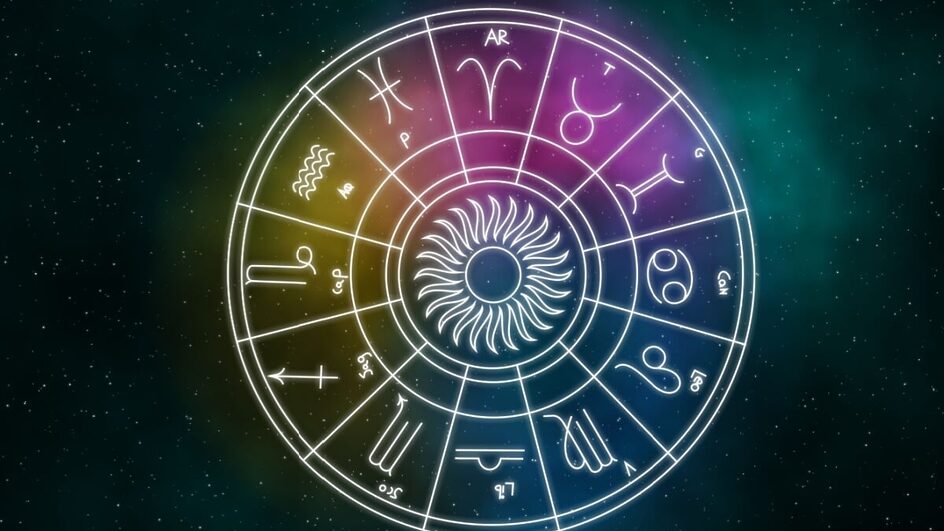 círculo branco com símbolo dos 12 signos e fundo escuro brilhante