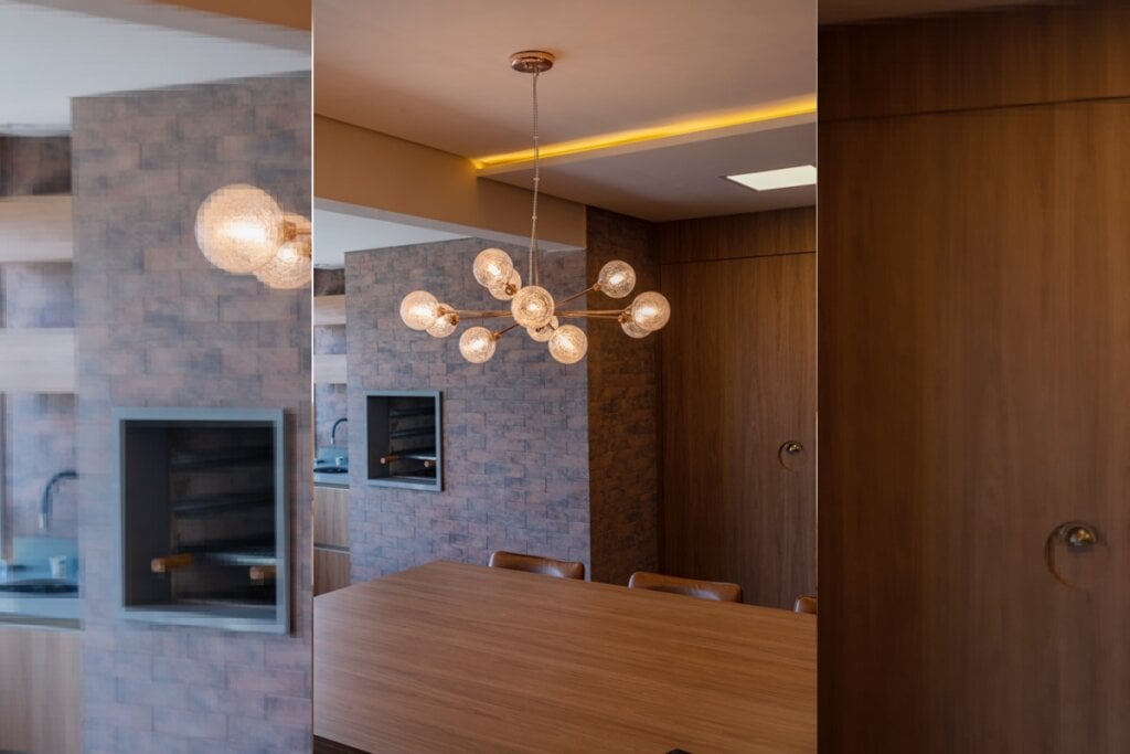 As áreas gourmets podem ser complementadas com pendentes ou cordões de luzes decorativos (Projeto: arquiteta Eliana Franco | Imagem: Emerson Rodrigues)