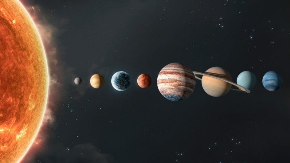 Ilustração dos planetas alinhados em frente ao Sol