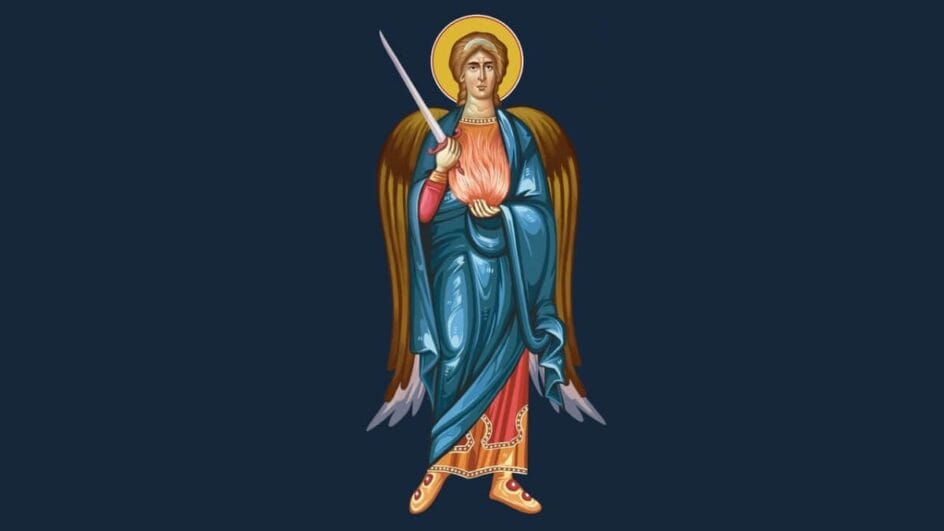 Ilustração do anjo da guarda Uriel em um fundo azul-escuro segurando uma espada