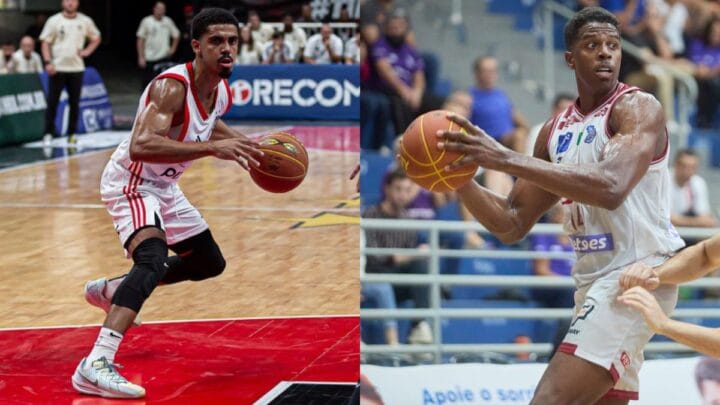 Imagem mostra duas fotos, uma do jogador do Flamengo com o uniforme branco e do Franca também com o uniforme branco