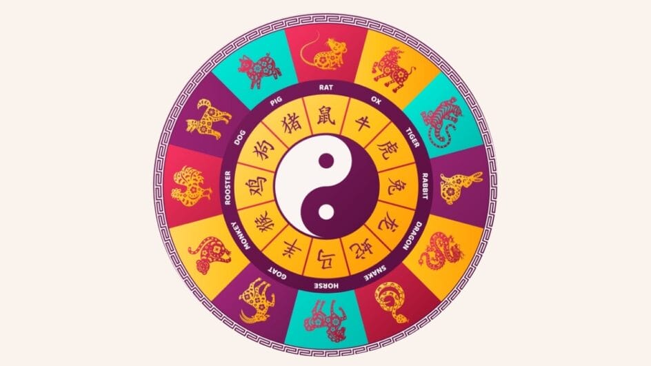 Ilustração de um círculo colorido com os doze signos do Horóscopo Chinês