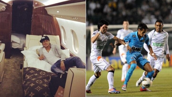 Imagem mostra Neymar em um jatinho e na outra Neymar jogando com a camisa azul do Santos
