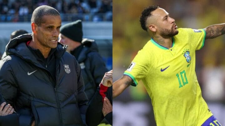 Foto mostra Rivaldo com casaco do Barcelona e Neymar com a camisa do Brasil