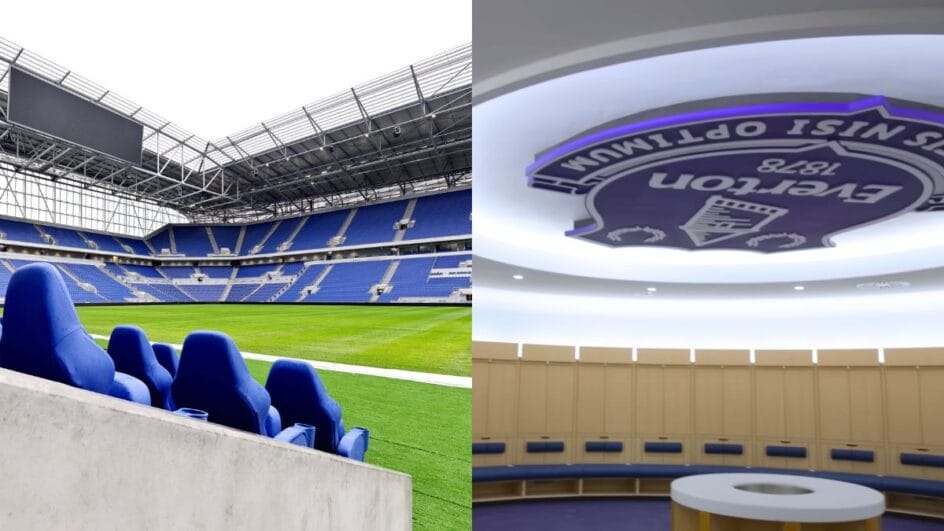 Imagem mostra foto da arquibancada e do vestiário de time da Premier League