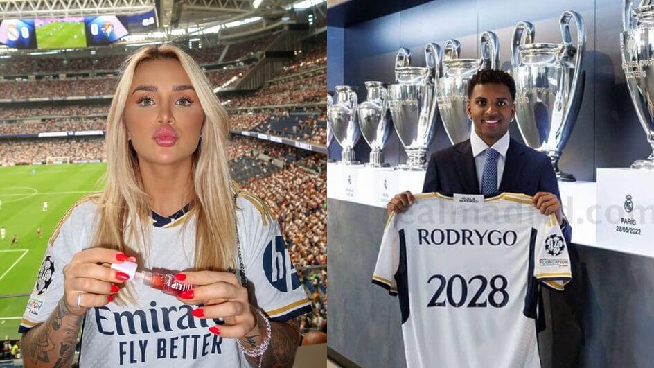 Influencer de Balneário Camboriú é presença constante nos jogos do Real Madrid no Santiago Bernabéu (Foto: brunarotta_, Instagram, Reprodução | Real Madrid, Divulgação)