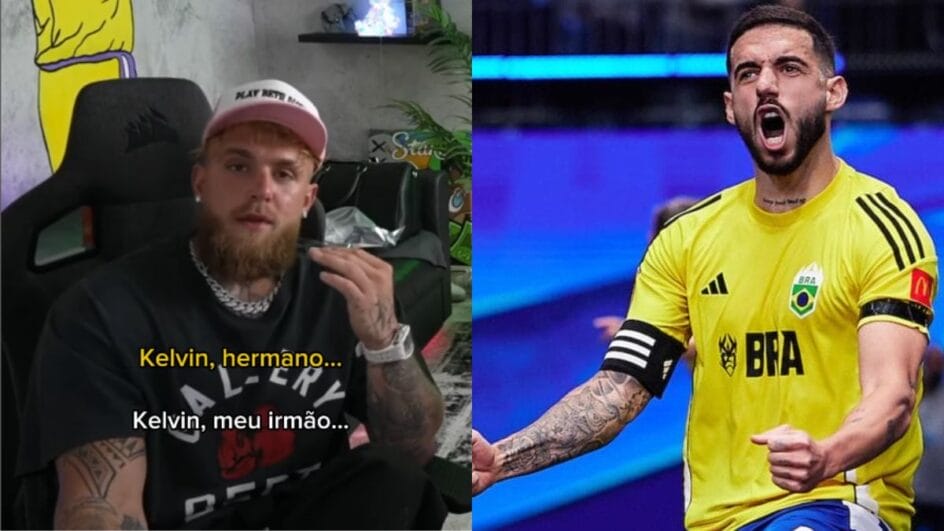 Imagem mostra duas fotos e uma é de Jake Paul sentado em uma cadeira com camisa preta e boné rosa e na outra aparece Kelvin comemorando um gol pelo Brasil com a camisa amarela