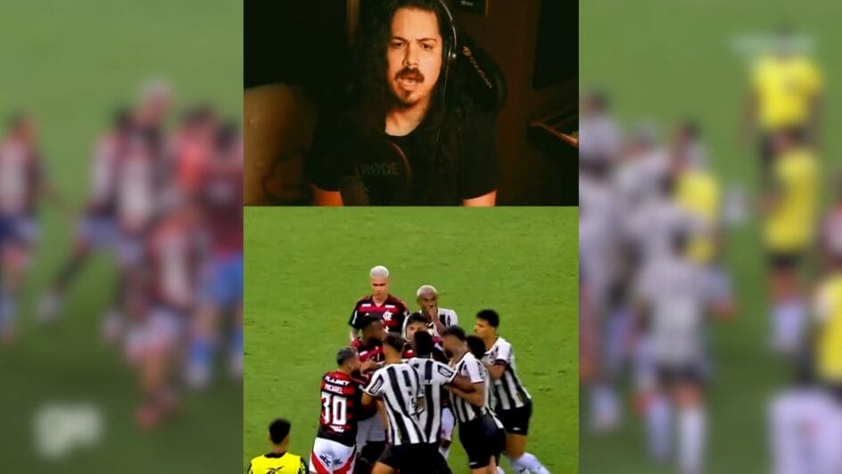 Imagem mostra o dublador Gustavo Machado na parte de cima da foto e na parte inferior a briga