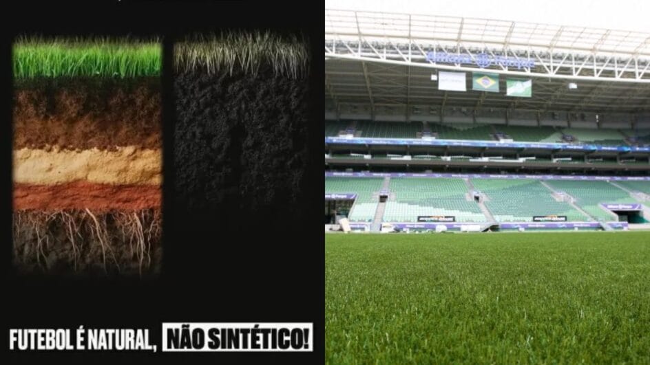 Imagem mostra uma a publicação dos jogadores e no lado direito o gramado do Allianz Parque