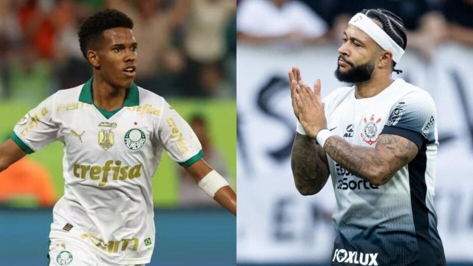 Imagem mostra montagem com foto de Estêvão com a camisa do Palmeiras e na direita Depay com a camisa do Corinthians