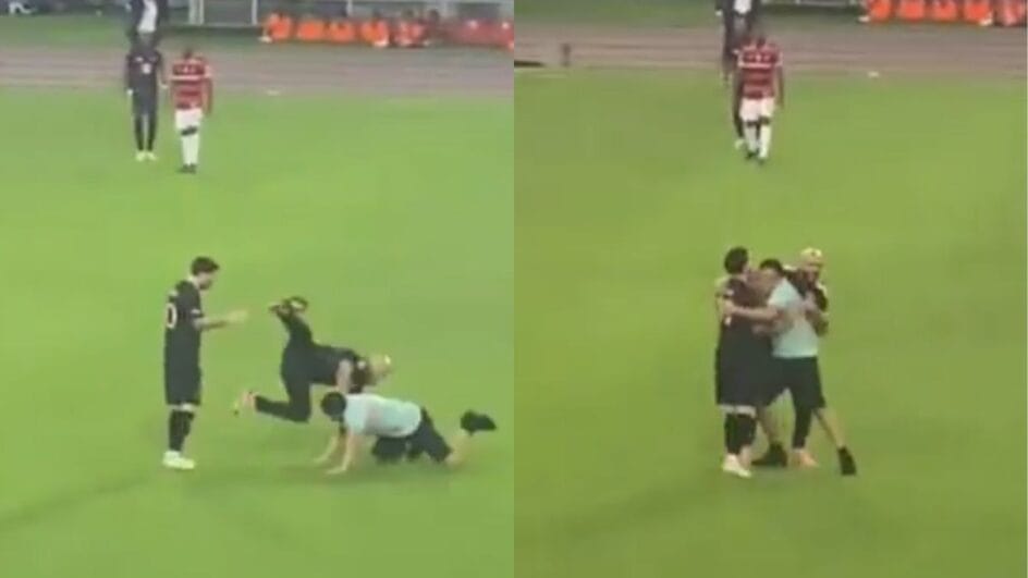 Imagem mostra segurança de Messi caindo após ser acertado por torcedor
