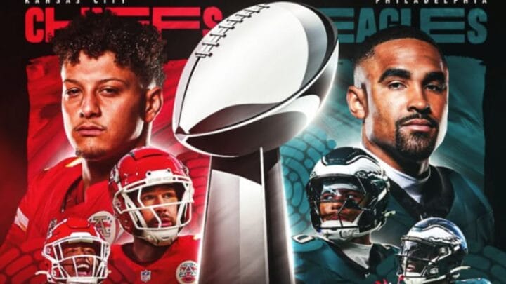 Imagem mostra o troféu do Super Bowl e os dois times finalistas em cada lado