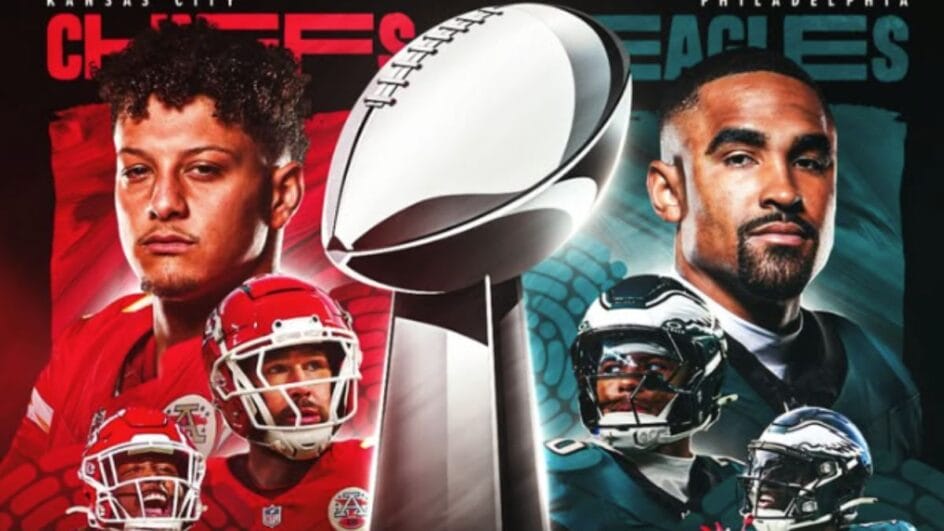 Imagem mostra o troféu do Super Bowl e os dois times finalistas em cada lado