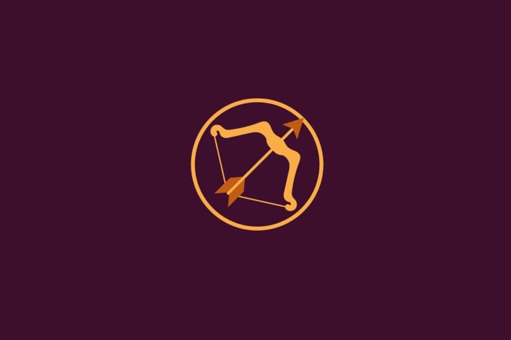 Ilustra&ccedil;&atilde;o em amarelo com fundo roxo do signo de Sagit&aacute;rio