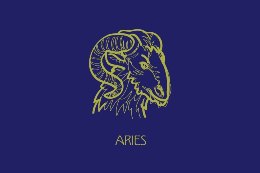 Ilustração amarela do símbolo e do nome de áries em fundo azul