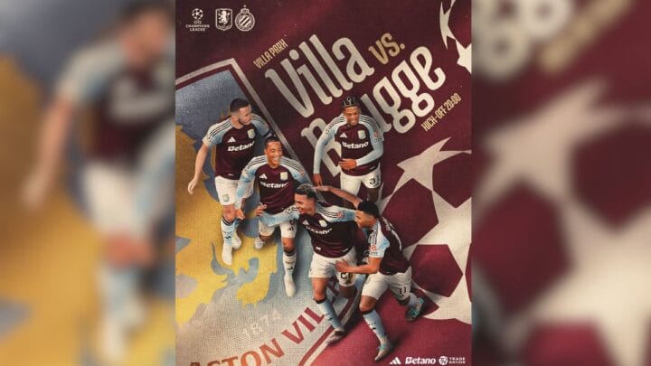 Imagem tem a bandeira do Aston Villa no fundo e os jogadores correndo além das escritas Villa vs Brugge