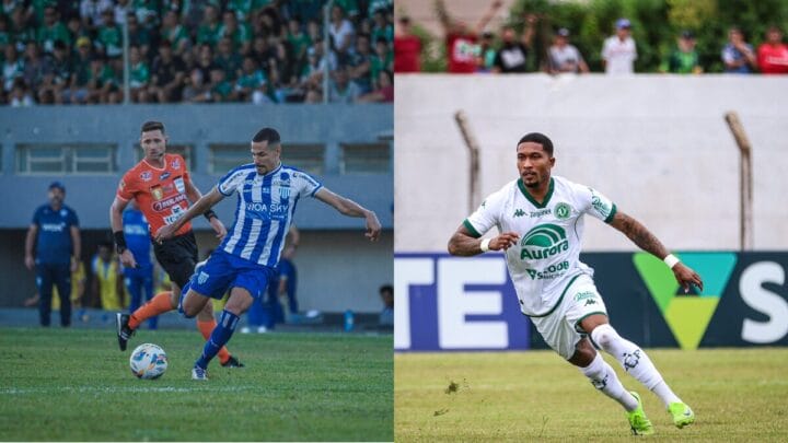 Mário Sérgio, do Avaí, fez os dois gols da equipe no primeiro jogo da final. Mário Sérgio, da Chapecoense, é o artilheiro do campeonato (Fotos: Fabiano Rateke, Avaí, Divulgação & Thiago Meneghini, Chapecoense, Divulgação)