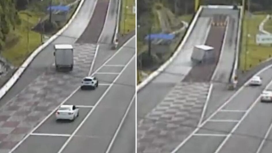 Caminhão perdeu a entrada da área de escape e quase tombou (Foto: Arteris Litoral Sul, Reprodução)