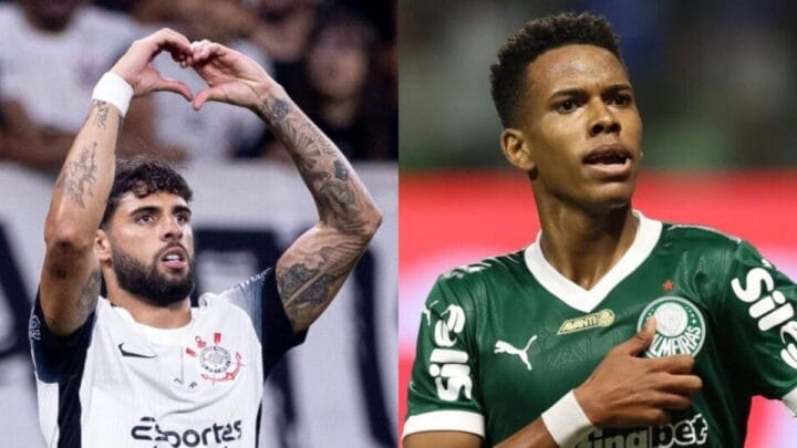 Imagem mostra Yuri Alberto com a camisa do Corinthians e Estêvão com a camisa do Palmeiras