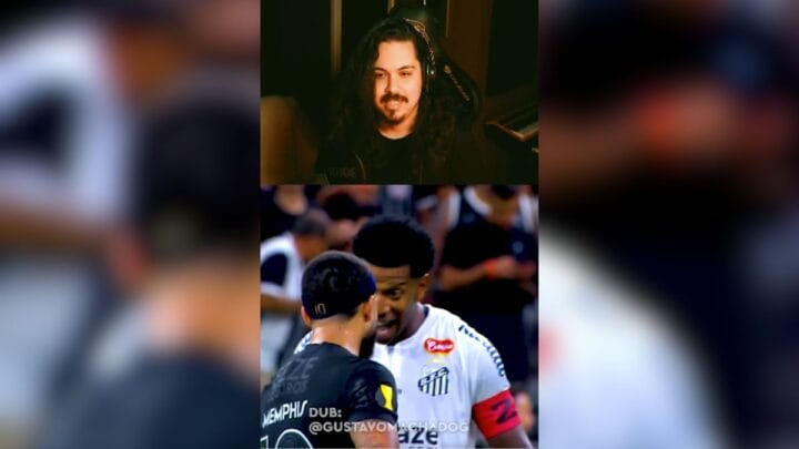 Imagem mostra dublador Gustavo Machado e jogadores do Santos e Corinthians abaixo