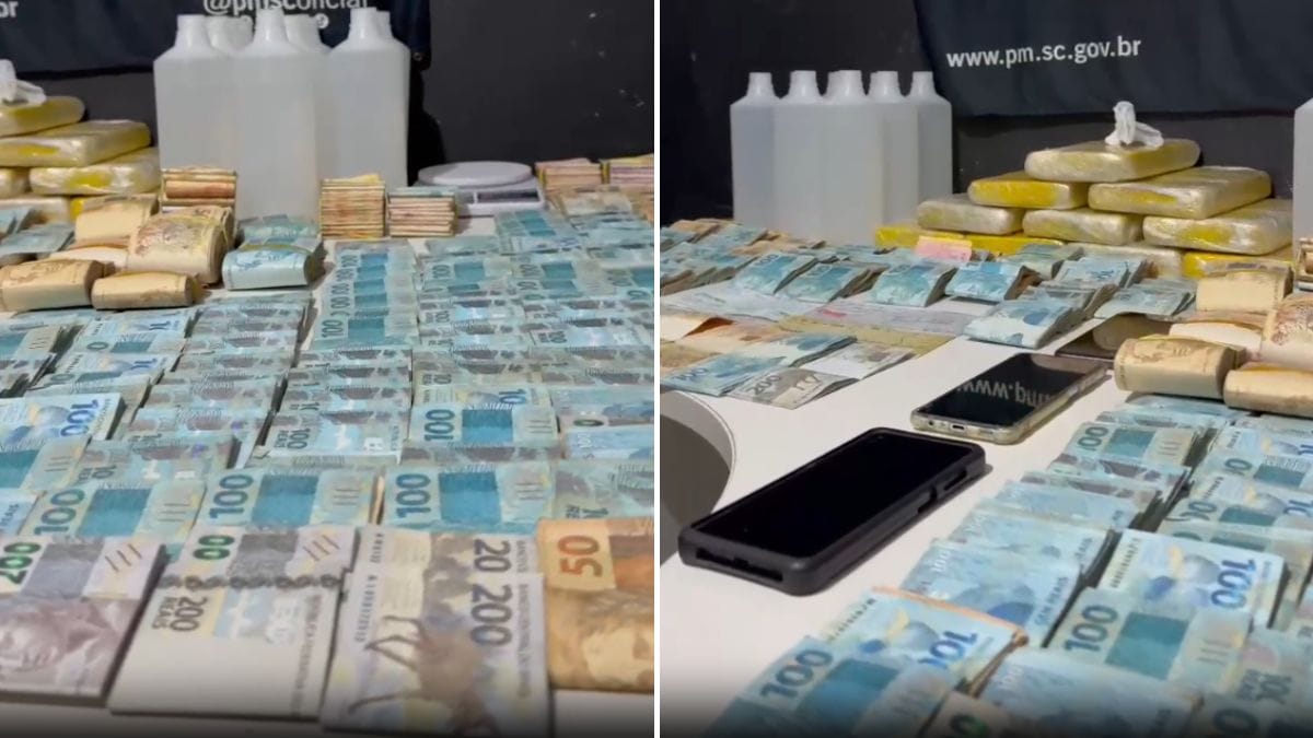 Trio foi preso com dinheiro vivo e drogas em SC (Foto: Polícia Militar, Divulgação)