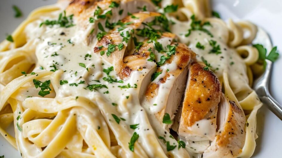 Fettuccine com frango grelhado e molho branco (Imagem: Metamore Studio | Shutterstock)