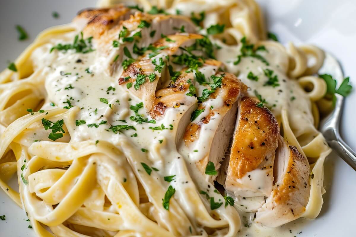 Fettuccine com frango grelhado e molho branco (Imagem: Metamore Studio | Shutterstock)