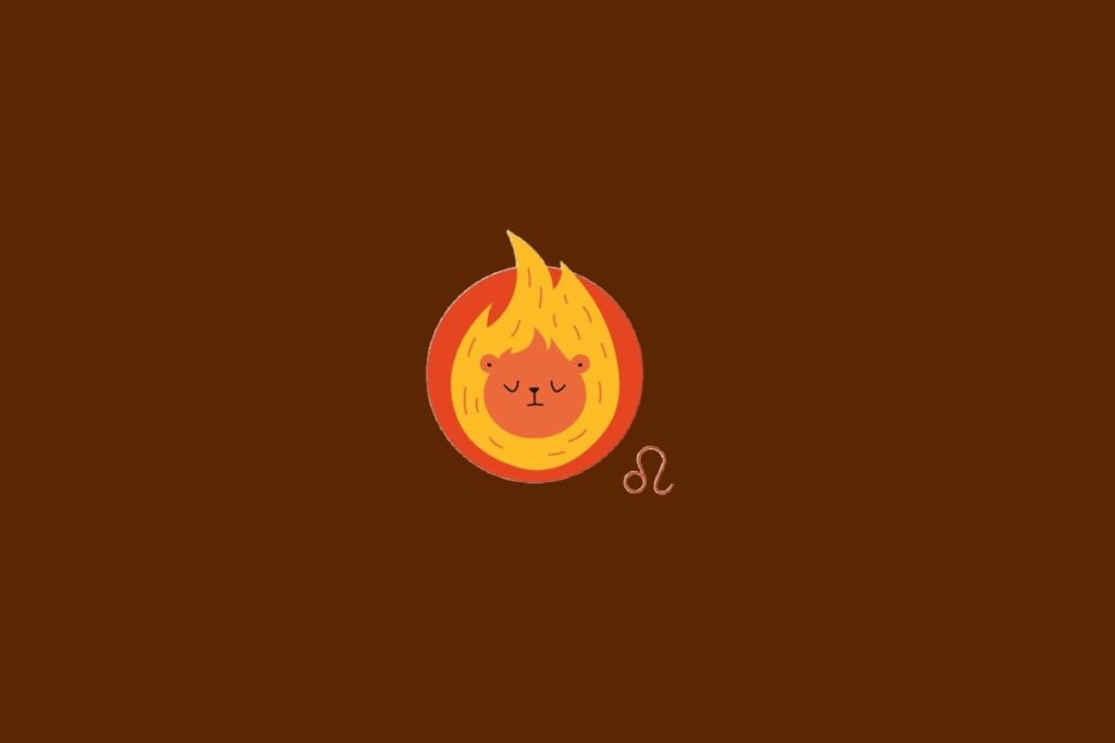 Ilustra&ccedil;&atilde;o do signo de Le&atilde;o, com um le&atilde;o de juba flamejante em tons de laranja sobre um fundo vermelho